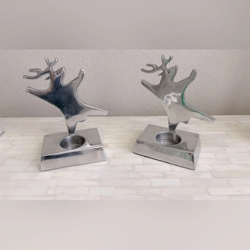 Crate And & Barrel Dancing Reindeer Candle Holder Tea‎ light Set Decor 6